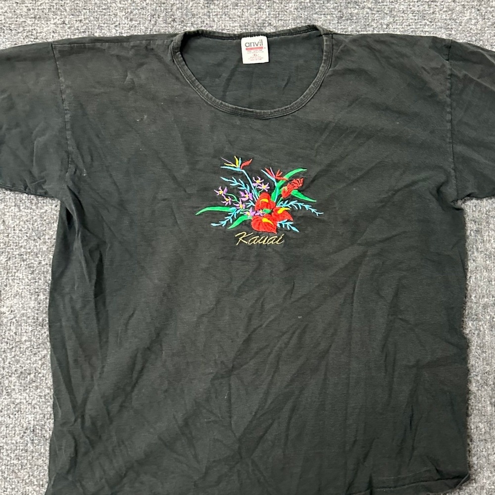 Anvil T-Shirt Womens XL Black Kauai Floral Embroidered Cotton Made in USA Good